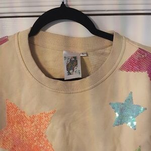 QUEEN OF SPARKLES Cream Sequin Star Crewneck with Multicolor Stars